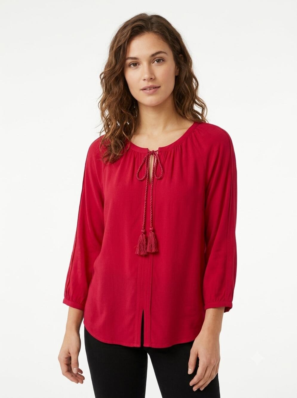 Diane von Furstenberg Button Up Top Women's 6 Red Rayon Long Sleeve Tassel Tie